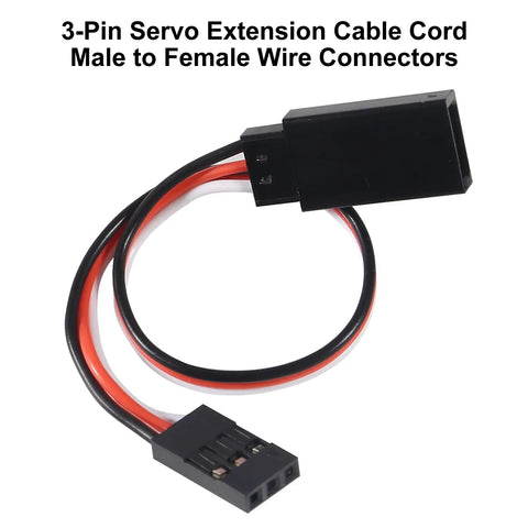 Close-up of 3-pin servo extension cable, focus on black and red wires, male to female connectors for RC servos, 15 cm length.