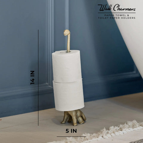 Totally Gold Dino Paper Towel Holder Stand for Kitchen and Bathroom Decor with whimsical dinosaur design, 14in tall.