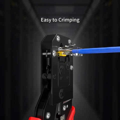 RJ45 Connectors Set, Standard Modular Plugs, UTP Gold Plated 8P8C Crimp End For CAT6 Ethernet Cable being crimped