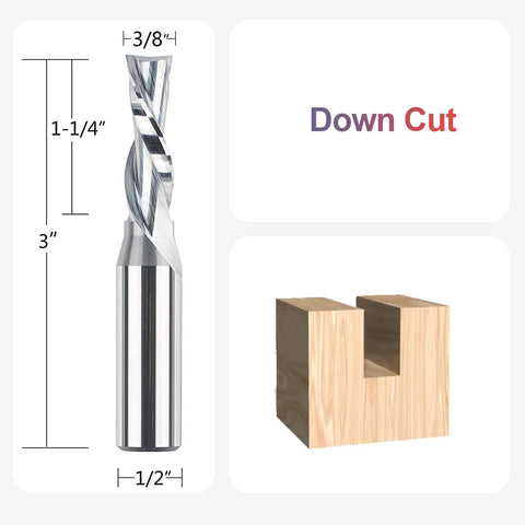 Carbide Downcut Router Bit Set For Woodworking With 3/8 Inch Cutting Diameter, 1/2 Inch Shank, 1-1/4 Inch Cutting Length, 3 Inch Total Length