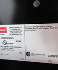 Label details of Black 20x16x10 Industrial Control Panel Enclosure NEMA 4 and 12, showing model number and certifications.