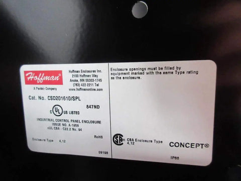 Label details of Black 20x16x10 Industrial Control Panel Enclosure NEMA 4 and 12, showing model number and certifications.