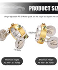 PT 31 Roller Guide For Plasma Cutters with adjustable double wheel spacing, brass-plated wheels, dimensions shown in inches and mm.