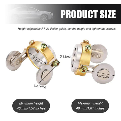 PT 31 Roller Guide For Plasma Cutters with adjustable double wheel spacing, brass-plated wheels, dimensions shown in inches and mm.