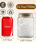 Vintage Glass Jar With Lid 23.7oz Airtight Food Storage next to size comparison with can, sunflower emboss, bamboo lid shown.