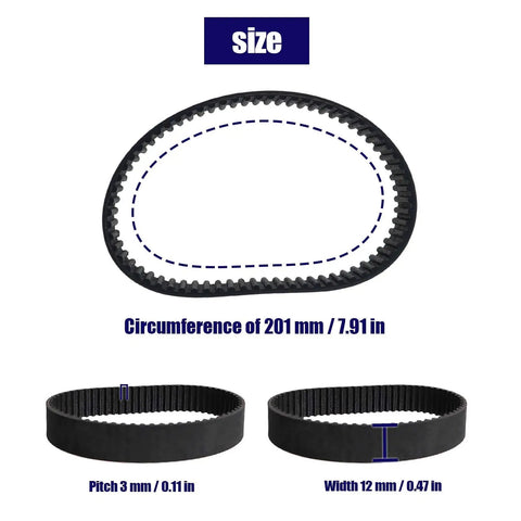 Two Pack HTD201 3M Rubber Planer Drive Belt Featuring 67 Teeth Closed Loop Design measurements, circumference 201 mm.