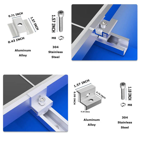Heavy Duty Solar Panel Mounting Kit With Rails And Clamps For Tin Or Flat Roofs, close-up of aluminum alloy rails and clamps