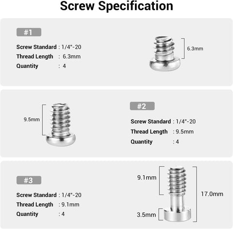 Screw specifications for Solid Go To Allen Wrench And Quarter Inch Screws Accessory Kit with details on sizes and quantities.