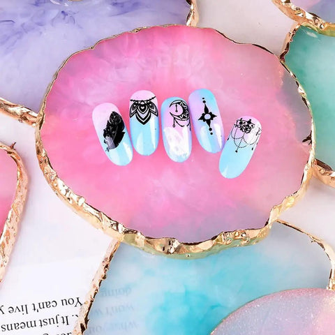 2 Pack Resin Nail Art Palette With Gold Edge, pink and purple palettes display ornate nail designs, ideal for mixing colors.