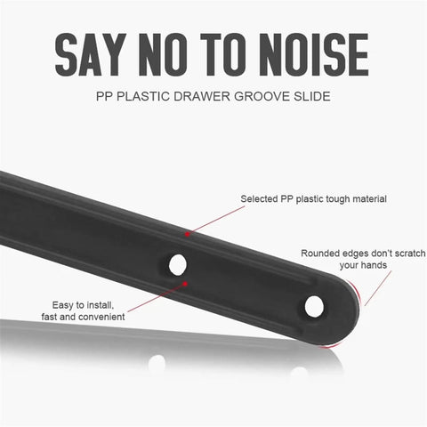 Close-up of 298mm white plastic drawer runner showing round edges and easy install features for noise reduction.
