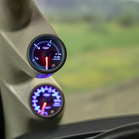 Tinted 7 Color Adjustable Fuel Level Gauge For 2 1/16 Inch (52mm) Dash Mount Reads Gas Or Diesel Level With Easy Color Shift Perfect Car Mod For Instrument Cluster Upgrades And Realistic Tank Readouts. 52mm dash-mounted fuel gauge in aluminum housing with red needle