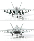 Front and back view of One Hundredth Scale FA18 Super Hornet Fighter Jet Model From US Navy VFA 213 Black Lions with diecast body.