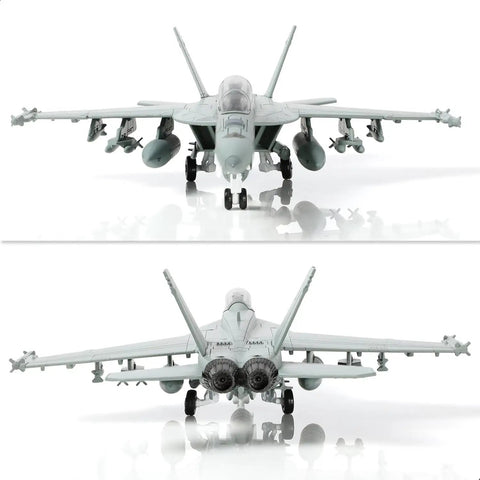 Front and back view of One Hundredth Scale FA18 Super Hornet Fighter Jet Model From US Navy VFA 213 Black Lions with diecast body.