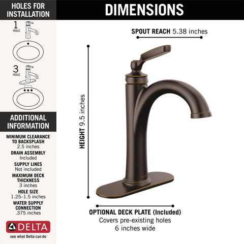 Woodhurst Oil Rubbed Bronze Single Hole Bathroom Faucet for vanity with deck plate and metal push pop drain assembly, side view.