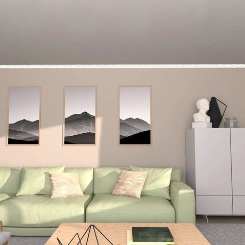 Living room with Self Adhesive Flexible Molding Trim 16.4 Ft Peel And Stick DIY Crown And Ceiling Molding For Mirror Edges and wall decor.