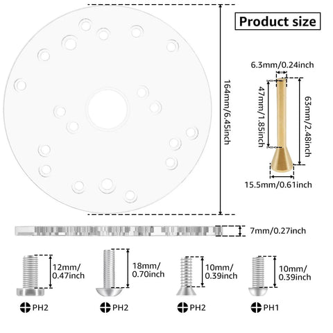 6.5 Inch Extra Thick Clear Acrylic Router Base Plate With Secure Centering Pin Universal Sub Base dimensions and details