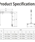 Product specifications for Slick Portable Aluminum Gantry Crane For Low Ceilings And Tight Garages With Fully Adjustable Height.