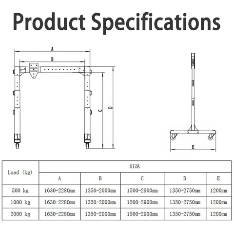 Product specifications for Slick Portable Aluminum Gantry Crane For Low Ceilings And Tight Garages With Fully Adjustable Height.