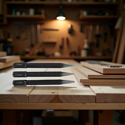 Built Like A Tank High Carbon Steel Center Punch Set 3 Piece Black Hand Tools With Sure Grip For Precise Marking And Drilling Starters On Metal Wood Alloy Steel on a workbench.