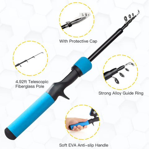 Kids Telescopic Fishing Pole Kit With Spincast Reel, 59 Inch Rod, Soft EVA Handle, Alloy Guide Ring, Fiberglass Pole