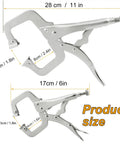 4 Pack 11 And 6 Inch C Clamp Locking Pliers With Swivel Pads dimensional view, showing sizes with adjustable screws and rotating pads