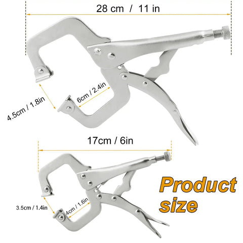 4 Pack 11 And 6 Inch C Clamp Locking Pliers With Swivel Pads dimensional view, showing sizes with adjustable screws and rotating pads
