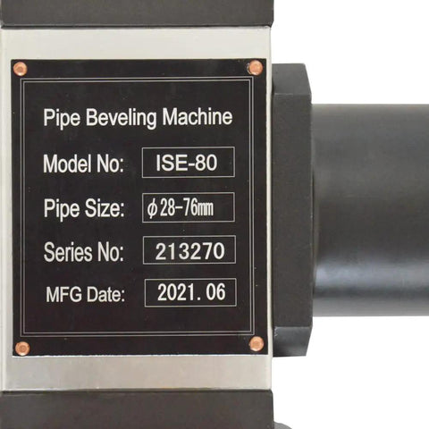Hella Rugged 220V Electric Pipe Beveling Machine Auto Alignment showing model ISE-80 specifications for 1 to 3 inch steel pipes.