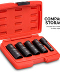 1/2 Inch Drive Flip Impact Socket Set With 3 Inch Extension Chrome Moly Steel Deep SAE And Metric Sizes 8 Sockets Included In 5-Piece Heavy Duty Kit For Tough Jobs At The Shop Or On The Road in a red case