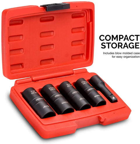 1/2 Inch Drive Flip Impact Socket Set With 3 Inch Extension Chrome Moly Steel Deep SAE And Metric Sizes 8 Sockets Included In 5-Piece Heavy Duty Kit For Tough Jobs At The Shop Or On The Road in a red case