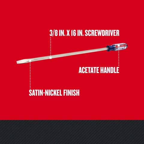 Heavy-Duty Three-Eighths-Inch By Sixteen-Inch Slotted Screwdriver With Acetate Handle, Heat-Treated Alloy Steel For Strength