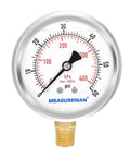 Front view of MEASUREMAN 2-1/2in liquid-filled pressure gauge, stainless steel case, 1/4in NPT lower mount.