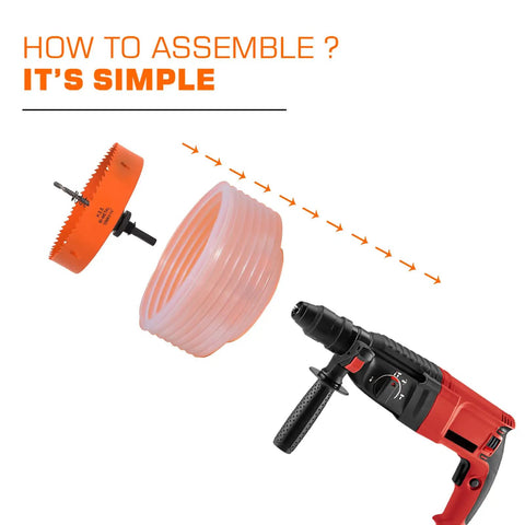 Badass Bimetal Recessed Light Hole Saw Kit 6 1/4 And 4 1/4 Inches components including dust catch bowl, arbor and power drill.
