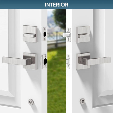 Interior view of Heavy Duty Double Front Door Handle Set With Square Lever And Single Cylinder Deadbolt For Side By Side Exterior Doors, Satin Nickel Finish, Built Tough Rust-Resistant Zinc Alloy Hardware That Withstands Sun And Humidity, showing door handle close-up
