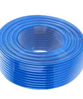 Beefy Blue Air Hose Polyurethane Tubing Anti Kink Strong Air Flow High Powered Works For Compressor Needs All Day Fits Eight MM Size Connections For Pro Work In Any Garage Good coiled blue 8mm polyurethane air hose, 20m length, with metal couplers