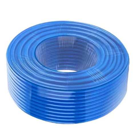 Beefy Blue Air Hose Polyurethane Tubing Anti Kink Strong Air Flow High Powered Works For Compressor Needs All Day Fits Eight MM Size Connections For Pro Work In Any Garage Good coiled blue 8mm polyurethane air hose, 20m length, with metal couplers