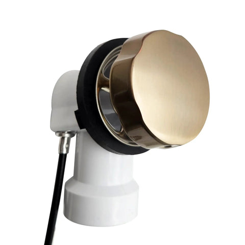 Top Shelf 35 Inch Cable Driven Bath Drain Trim Kit With Rotary Overflow Cover And Smooth Pop Up Stopper Featuring Schedule 40 PVC Construction And Slick Champagne Bronze Finish close-up of brass knob and PVC connector.