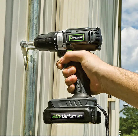 Person using Genesis 20V Cordless Drill Driver With Three Eighths Inch Chuck And Built In LED Work Light Dual Speed Ranges Goes Up To 250 In Lbs Torque