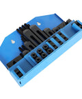 One Half Inch T Slot Clamping Kit With Three Eighths Inch Sixteen Bolts Fifty Eight Piece Set For Bridgeport Mills And CNC Machines Heavy Duty Cast Steel Construction Includes Plastic Storage Box For Quick Access And Organization, displayed in blue storage box.