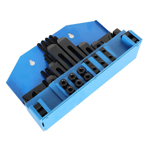 One Half Inch T Slot Clamping Kit With Three Eighths Inch Sixteen Bolts Fifty Eight Piece Set For Bridgeport Mills And CNC Machines Heavy Duty Cast Steel Construction Includes Plastic Storage Box For Quick Access And Organization, displayed in blue storage box.