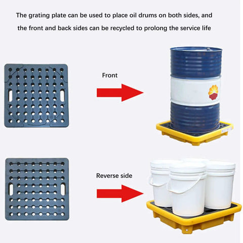 Anti Slip Oil Spill Containment Tray For Workshops And Garages with drums and buckets, durable polyethylene design.