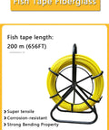 6Mm Fiberglass Fish Tape With Steel Reel Stand, 200M Duct Rodder Wire Puller, yellow reel, black stand, product specs displayed
