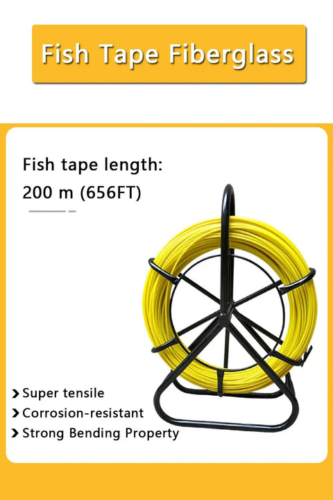 6Mm Fiberglass Fish Tape With Steel Reel Stand, 200M Duct Rodder Wire Puller, yellow reel, black stand, product specs displayed