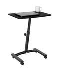 On Wheels Height Adjustable Laptop Desk For Home Office And Classroom Use with black wood surface and twist knob, side view