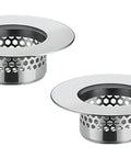 Stainless Steel Hair Strainer Universal Drain Catcher For Bathroom Sinks Bathtub And Laundry Tub Clog Blocker showing two drain catchers.