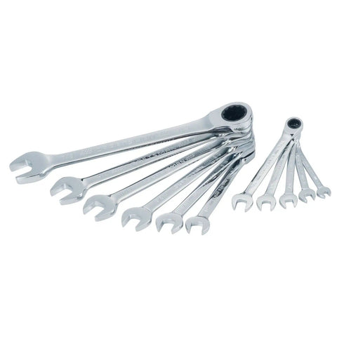 11 Piece SAE Ratcheting Wrench Set With 72 Tooth Box End For Quick Engagement And 15 Degree Offset In Tight Spaces Corrosion Resistant Chrome Finish Easy Size Identification Durable Hand Tools For Pros And DIYers displayed in a fan shape