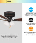 52 Inch Traditional Ceiling Fan With Five Blades And Dope LED Light Kit, Low Profile Hugger For Medium To Large Rooms