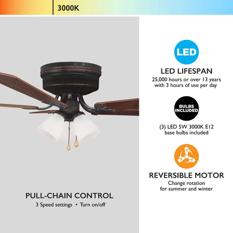 52 Inch Traditional Ceiling Fan With Five Blades And Dope LED Light Kit, Low Profile Hugger For Medium To Large Rooms
