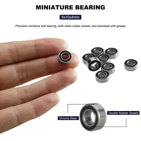 Pro Grade 5x10x4mm Deep Groove Ball Bearings 2RS Double Sealed Chrome Steel Z2 for RC Cars, shown on hand for scale.