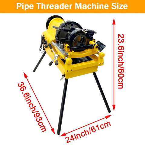 Heavy Duty Electric Pipe Threader Machine 1/2 To 4 Inch Power Threading Cutter With Self Oiling System 220V dimensions shown on yellow machine.