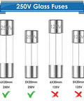 Heavy Duty Inline Fuse Holders And Fast Blow Glass Fuses Assorted Pack With 5x20mm And 6x30mm Ranges showcasing 250V and 125V glass fuses.